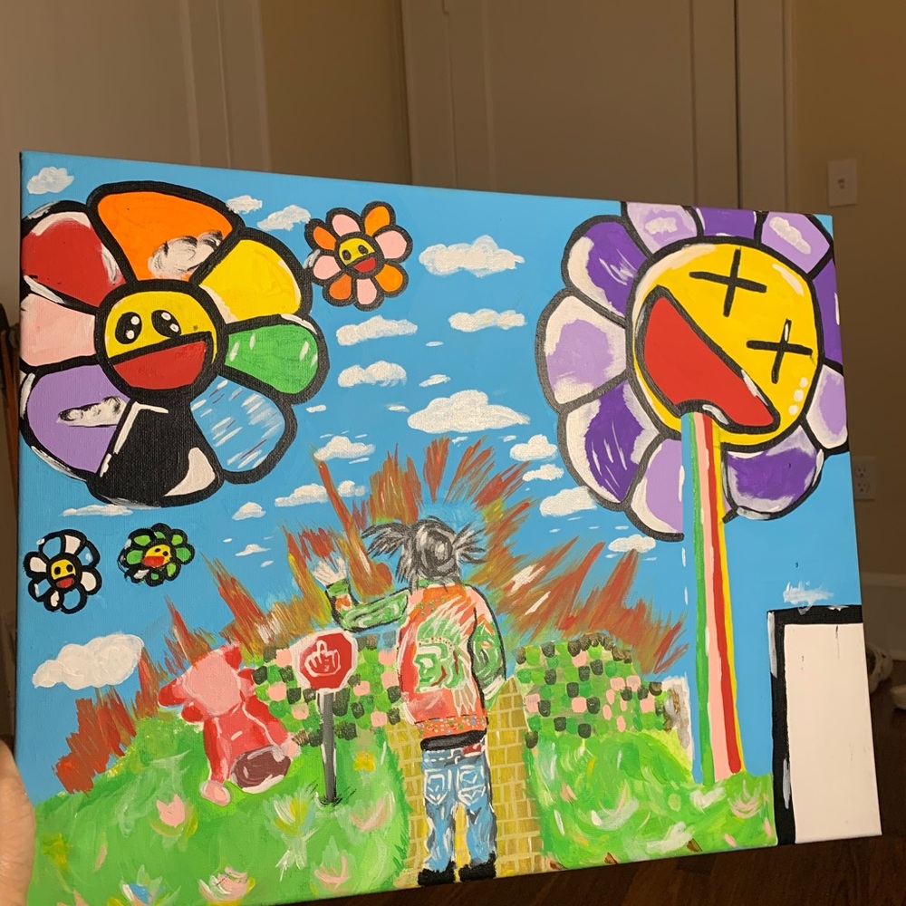 Whimsical Blue and Orange Flower Painting